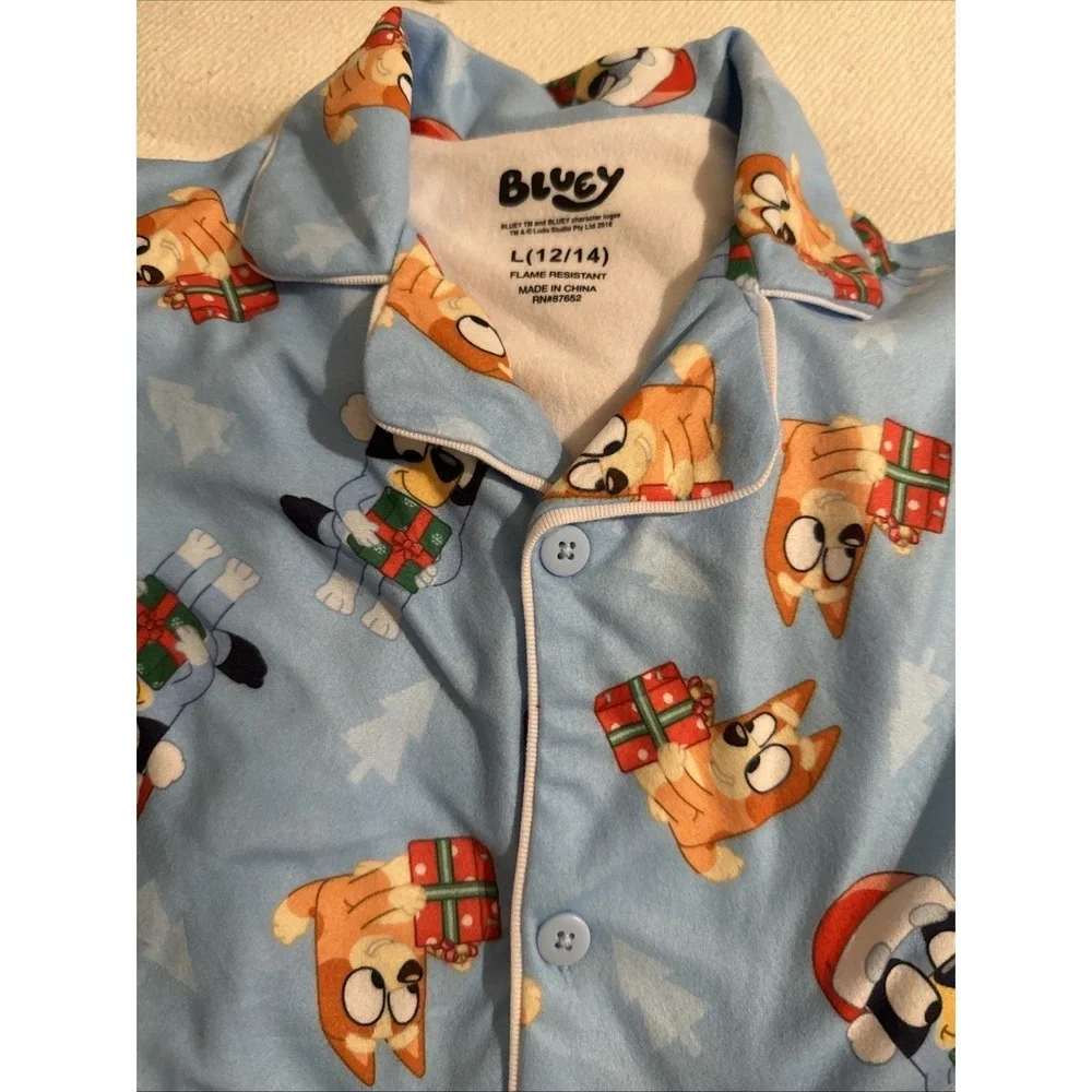 Bluey Christmas Pajamas Kids Size XS 4/5 Blue Fleece Button Up Set Bingo Xmas‎